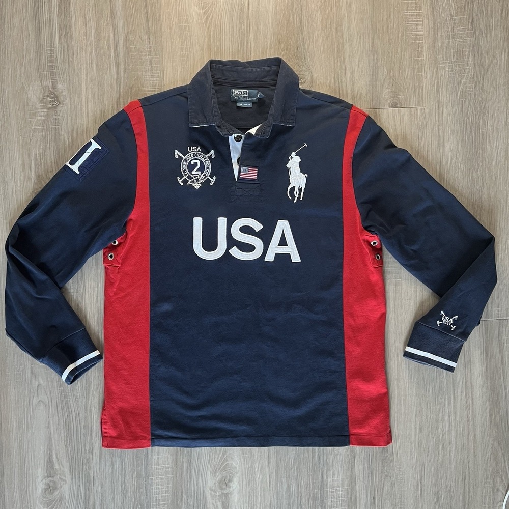 Mens Vintage Polo Ralph Lauren Shirt Blue Red Big Pony USA Snow Challenge 2.  LG